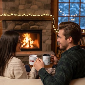 Könnte beinhalten: Ein Paar sitzt auf einem beigen Sofa und hält Tassen vor einem Kamin. Eine Tasse hat einen roten Rand und ein Design, die andere hat ein schwarzes Innere und ein Kalenderdesign. Der Raum ist warm mit einer Lichterkette beleuchtet.