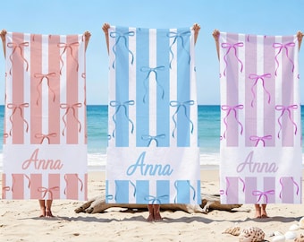 Personalized Bow Striped Beach Towel, Custom Name Bow Beach Towel, Custom Summer Beach Vacation Towel, Personalized Vacation Gift For Girls