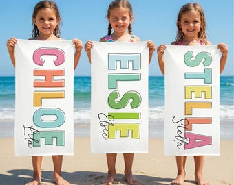 Custom Name Beach Towel for Kids, Personalized Colorful Name Beach Towel, Custom Summer Vocation Beach Towel, Personalized Gift For Girl Boy