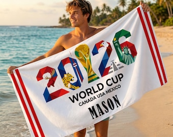 Custom 2026 FIFA World Cup Themed Beach Towel, USA Mexico Canada World Cup Towel, Football Fan Gift, Personalized World Cup Beach Towel