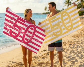 Personalized Birthday Party Beach Towel, Custom Birthday Beach Towel, Custom Party Striped Beach Towel, Personalized Birthday Gift For Her
