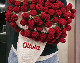 Custom Crochet Rose Bouquet Blanket, Embroidered Name Blanket, Mother's Day Gift