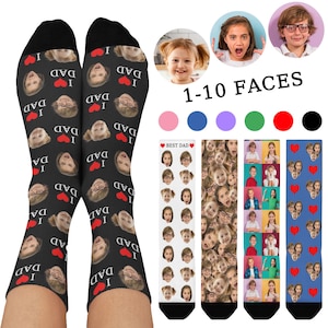 May include: Black socks with custom faces, the text "I DAD" and red hearts. Additional socks feature the text "BEST DAD" and various face patterns. The image also includes the text "1-10 FACES".