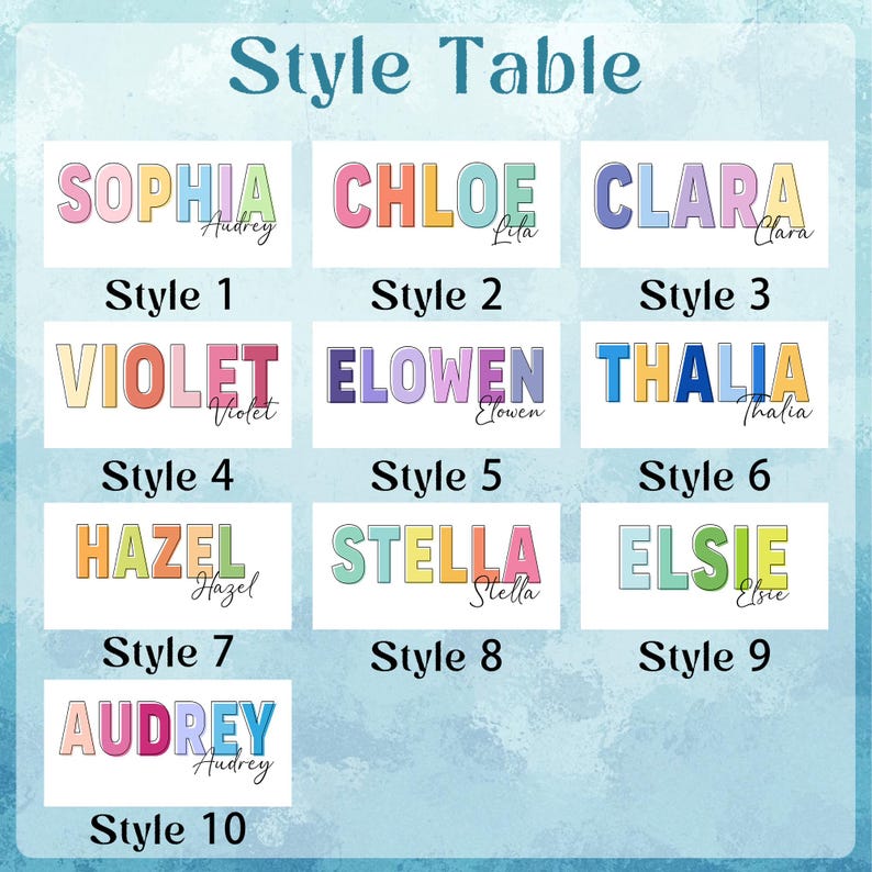 May include: A graphic featuring the text "Style Table" at the top. Below are ten name designs, each in a different colorful font. Names include Sophia, Chloe, Clara, Violet, Elowen, Thalia, Hazel, Stella, Elsie, and Audrey. Each name has a corresponding style number.