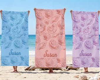 Custom Seashell Beach Towel, Custom Conch Beach Towel, Custom Name Summer Vacation Beach Towel, Kids Shell Beach Towel, Personalized Gift