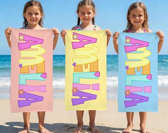 Personalized Colorful Name Beach Towel, Custom Girls Beach Towel With Name, Beach Vacation Towel, Summer Holiday Towel, Gift For Daughter