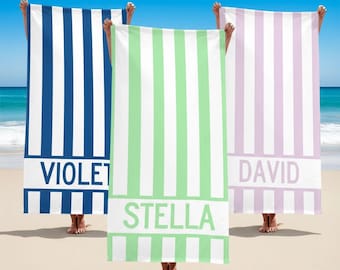 Custom Striped Beach Towel, Personalized Name Striped Beach Towel, Quick Dry Striped Beach Towel, Vacation Striped Beach Towel with Name