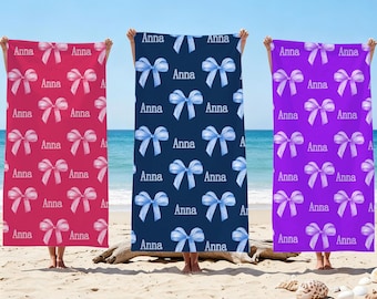Personalized Bow Beach Towel, Custom Name Bow Beach Towel, Custom Summer Vacation Beach Towel, Personalized Vacation Gift For Girls