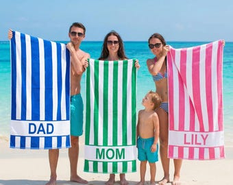 Custom Striped Beach Towel with Name, Personalized Name Striped Beach Towel, Quick Dry Striped Beach Towel, Vacation Striped Beach Towel