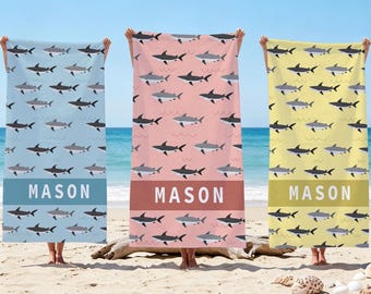 Personalized Shark Print Beach Towel, Custom Name Shark Beach Towel, Custom Summer Vacation Beach Towel, Personalized Vacation Gift For Boys