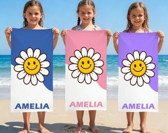 Personalized Cute Flower Beach Towel, Custom Carton Floral Beach Towel, Custom Summer Vacation Beach Towel, Personalized Gift For Girls