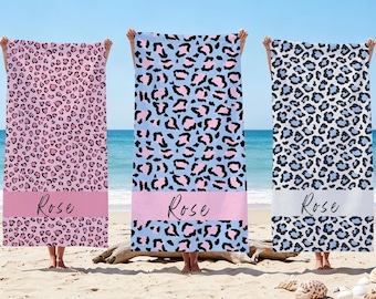 Custom Leopard Beach Towel With Name, Personalized Leopard Beach Towel, Custom Beach Vacation  Towel, Personalized Gift, Quick Dry Towel