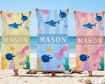 Personalized Ocean Themed Beach Towel, Custom Ocean Animals Beach Towel, Custom Beach Vacation Towel, Personalized Vacation Gift For Kids