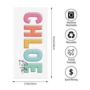 May include: A white rectangular towel with the name "CHLOE" in large, colorful letters and the name "Lila" in cursive. The towel is 55.1 inches (140cm) long and 27.6 inches (70cm) wide. Features include machine washable, reusable, travel friendly, and save money.