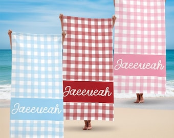Custom Plaid Beach Towel, Personalized Name Plaid Beach Towel, Quick Dry Plaid Beach Towel, Vacation Checkered Beach Towel with Name