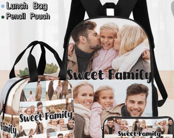 May include: A backpack, lunch bag, and pencil pouch set. Each item features a family photo collage with the text "Sweet Family." The set includes 9 styles. The backpack has black straps, and the lunch bag has a black handle.