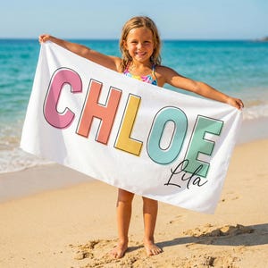 Custom Name Beach Towel for Kids, Personalized Colorful Name Beach Towel, Custom Summer Vacation Beach Towel, Personalized Gift For Girl Boy image 1