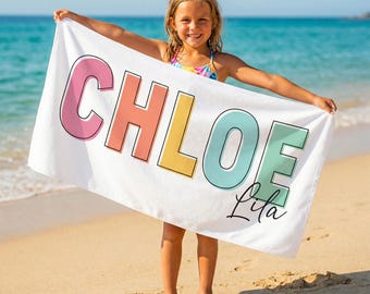 Custom Name Beach Towel for Kids, Personalized Colorful Name Beach Towel, Custom Summer Vacation Beach Towel, Personalized Gift For Girl Boy