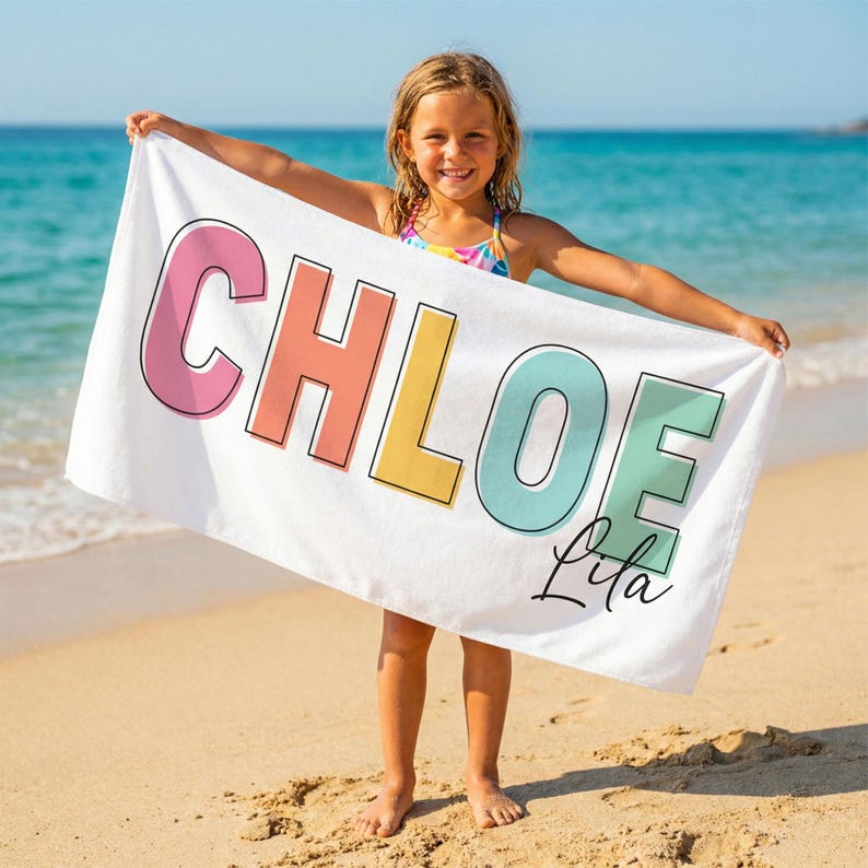 Custom Name Beach Towel for Kids, Personalized Colorful Name Beach Towel, Custom Summer Vacation Beach Towel, Personalized Gift For Girl Boy image 1