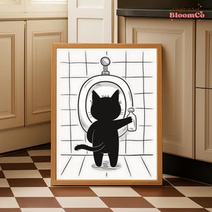 Funny Black Cat Bathroom Art, Toilet Cleaner Cat Printable, Minimalist Animal Bathroom Decor, Digital Download Poster JPG