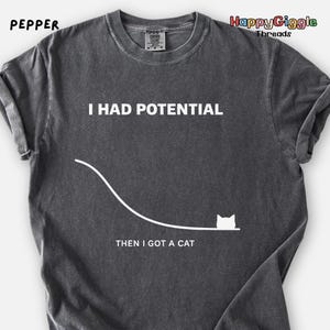 Camiseta Comfort Colors "Eu tinha potencial, então ganhei um gato", humor sarcástico para donos de animais de estimação.