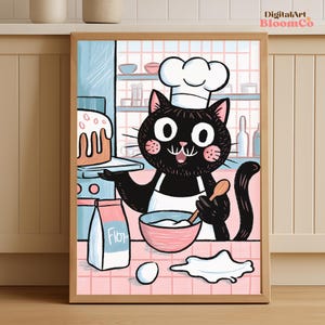 Black Cat Baking Wall Art, Cute Kitchen Cat Printable Poster, Pastry Chef Cat in Pink Kitchen Decor, Digital Download JPG