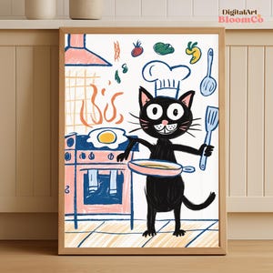 Funny Black Cat Chef Kitchen Print: Playful Cooking Animal Art (Digital Download JPG)