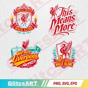 Può includere: Quattro distinti design grafici che presentano l'emblema del Liverpool Football Club, il Liver bird e il testo "You'll Never Walk Alone", "This Means More" e "We Are Liverpool". Le illustrazioni utilizzano schemi di colore rosso, giallo e verde acqua.