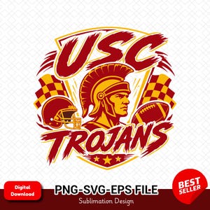 Może przedstawiać: Projekt graficzny z napisem USC TROJANS wykonanym pogrubioną czcionką imitującą pociągnięcia pędzla. Ilustracja przedstawia wojownika trojańskiego w hełmie, kask do futbolu amerykańskiego, piłkę oraz dwie szachownicowe flagi w kolorach czerwieni i złota.