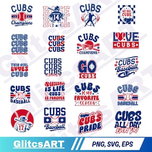 Puede incluir: Una colección de veinte diseños gráficos digitales con temas de béisbol con el texto CUBS, que incluye varias ilustraciones de pelotas, bates, guantes, jugadores y corazones en una paleta de colores rojo, blanco y azul para ropa deportiva.