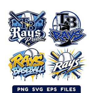 May include: Four distinct baseball-themed graphic logos featuring the text TB Rays Pride, TB Rays, Rays Baseball, and Rays. The designs incorporate baseballs, bats, silhouettes of players, and stylized lettering in blue, yellow, and white color palettes.