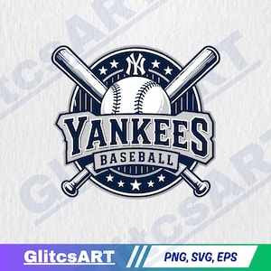 Op de afbeelding: Een cirkelvormig marineblauw en wit grafisch logo met een honkbal in het midden, twee gekruiste honkbalknuppels en de tekst YANKEES BASEBALL. Het ontwerp bevat het NY-logo bovenaan, sterren langs de rand en een lichtgrijze achtergrond.