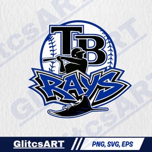 May include: A graphic logo featuring a black silhouette of a baseball player swinging a bat in front of a white baseball with black stitching. The letters TB are in black, and the word RAYS is in blue with black outlines, above a black stingray.