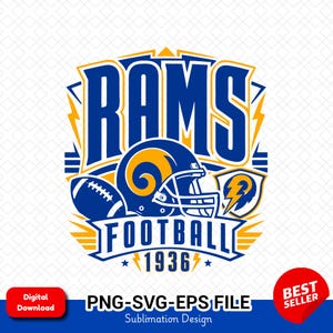 Pode incluir: Um design gráfico digital apresentando a palavra RAMS em letras azuis grandes sobre um capacete de futebol americano azul e amarelo, uma bola e um escudo com um raio. O texto FOOTBALL 1936 aparece abaixo com estrelas azuis e raios amarelos.