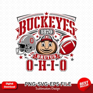 Puede incluir: Un diseño gráfico con el texto BUCKEYES, 1870, BRUTUS y O-H-I-O en rojo, blanco y gris. La ilustración incluye un casco de fútbol americano con una O, la cabeza de un personaje de dibujos animados con gorra y un balón de fútbol.