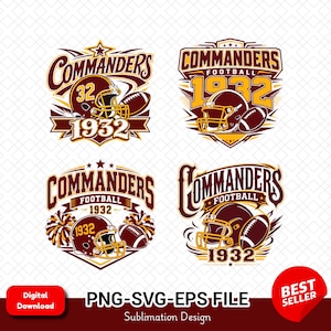 May include: Four digital graphic designs featuring the text COMMANDERS FOOTBALL 1932 in maroon and gold. Each design includes a football helmet and a football. The graphics are arranged in a grid, showcasing various layouts of the team-themed elements.