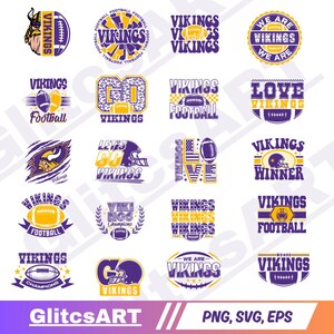 May include: A collection of twenty digital graphic designs featuring the word Vikings, footballs, helmets, and stars in purple, gold, and white. The designs include various typography styles, sports motifs, and slogans like We Are Vikings and Love Vikings.