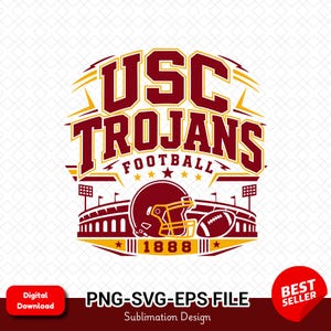 Może przedstawiać: Projekt graficzny z napisem USC TROJANS FOOTBALL oraz 1888 w kolorze bordowym i złotym. Ilustracja przedstawia kask do futbolu amerykańskiego, piłkę do futbolu oraz sylwetkę stadionu z oświetleniem na białym tle.