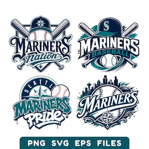 Puede incluir: Cuatro diseños gráficos con temas de béisbol de los Seattle Mariners, incluyendo bates cruzados, pelotas de béisbol, logotipos de equipos, un horizonte urbano y motivos de brújula. El texto incluye Mariners Nation, Mariners Baseball, Mariners Pride y Mariners. PNG SVG EPS FILES.