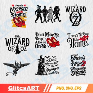 May include: A collection of Wizard of Oz themed digital graphics featuring characters like Dorothy, the Scarecrow, Tin Man, Lion, and the Wicked Witch. Includes iconic red slippers, flying monkeys, and text quotes such as There is No Place Like Home.