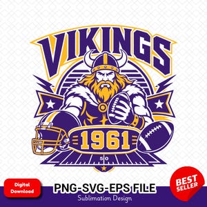 Vikings SVG: Fotbollsmaskotgrafik, matchdag, Minnesota Vikings, T-shirtdesign, klippfiler, SVG, PNG, direktnedladdning.