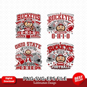 Könnte beinhalten: Vier Grafikdesigns mit dem Ohio State Buckeyes Maskottchen Brutus in Rot, Weiß und Grau. Jedes Design enthält Football-Helme, Footballs, den Text BUCKEYES, 1870, O-H-I-O, OHIO STATE und FOOTBALL. Es handelt sich um digitale Sublimationsdesigns.
