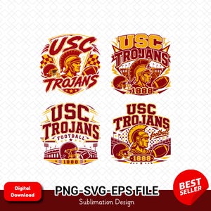 Puede incluir: Cuatro diseños gráficos distintos con el logotipo de los USC Trojans en color cardenal y oro. Cada emblema incluye un guerrero troyano con casco, un balón de fútbol americano, un casco y el texto USC Trojans y 1888 sobre fondos de estadio.