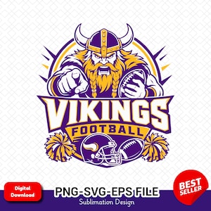 May include: A graphic illustration of a Viking character with a horned helmet, beard, and braids, pointing forward while holding a football. Below, the text reads VIKINGS FOOTBALL, accompanied by a football helmet, a football, and two pom-poms.