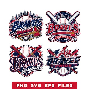 Op de afbeelding: Vier grafische ontwerpen met het woord Braves, honkballen, gekruiste knuppels, stadsskyline en een tomahawk. Het kleurenpalet bevat marineblauw, rood en wit. De tekst PNG SVG EPS FILES staat onderaan in de afbeelding weergegeven.