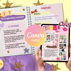 Peut inclure: Un planificateur numérique avec un thème rose, violet et blanc. Le planificateur est ouvert à une page avec le texte "Cool! Girls Night" et un collage de photos de filles s'amusant. Le planificateur est intitulé "Kit De Scrapbooking Numérique" et comprend le texte "Canva Gratuit".