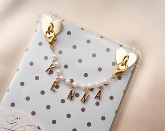 Custom Name Kindle Case Charm with Pearl Chain and Clasps, Optional Adhesive Loops