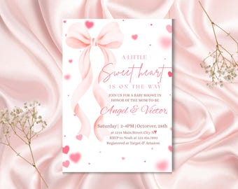 Pink Bow Baby Shower Invitation, Girl, Editable Canva Template (5x7 ...