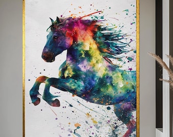 海岸　乗馬　インテリアアート　アクリル画　水性ペイント画 カラフルな馬の水彩画：馬のアートプリント動物の装飾手作りアイテム