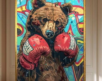 Bold boxer bear canvas wall art with graffiti street style. Perfect for man cave, gym, office or modern living room decor